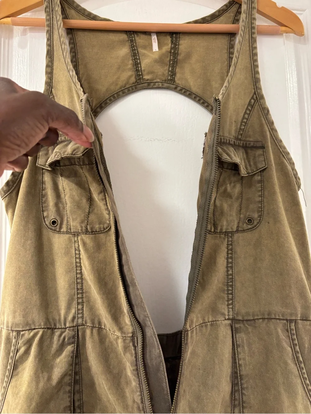 Free People 2013 Tencel Utility Ginger Jumpsuit Backless Zip Front Olive Green